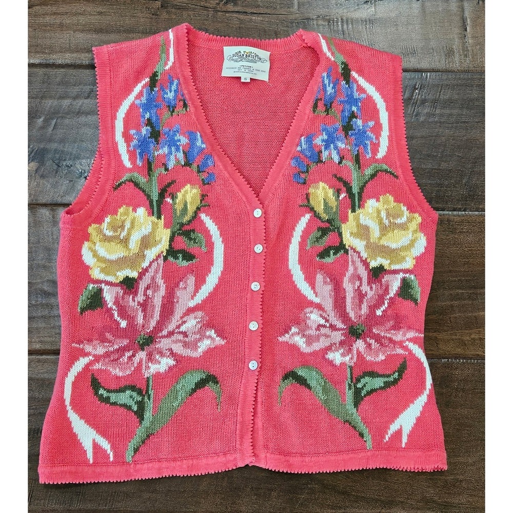 VTG Grandmacore Floral Knit Sweater Vest Coral Pink Button Front Petites S